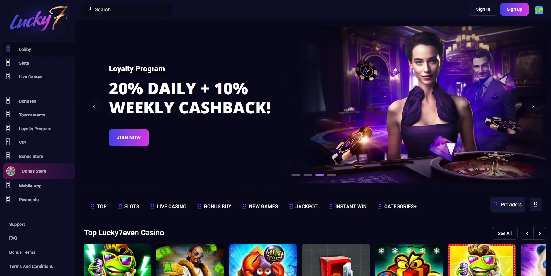 Lucky7even Casino desktop interface for Australian players