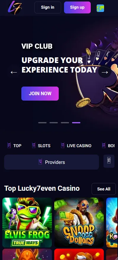 Lucky7even Casino mobile web app on a smartphone